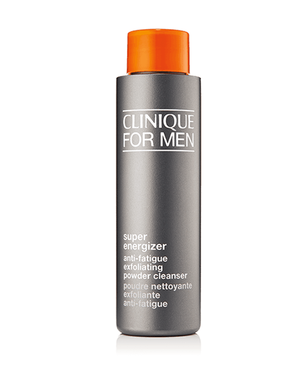Clinique For Men™ Super Energizer Poudre Nettoyante + Exfoliante Anti-fatigue, Ce nettoyant en poudre purifie et revigore instantanément la peau terne et fatiguée.